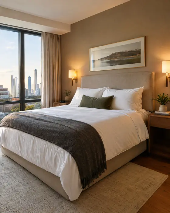 Staged hotel-grade bedroom