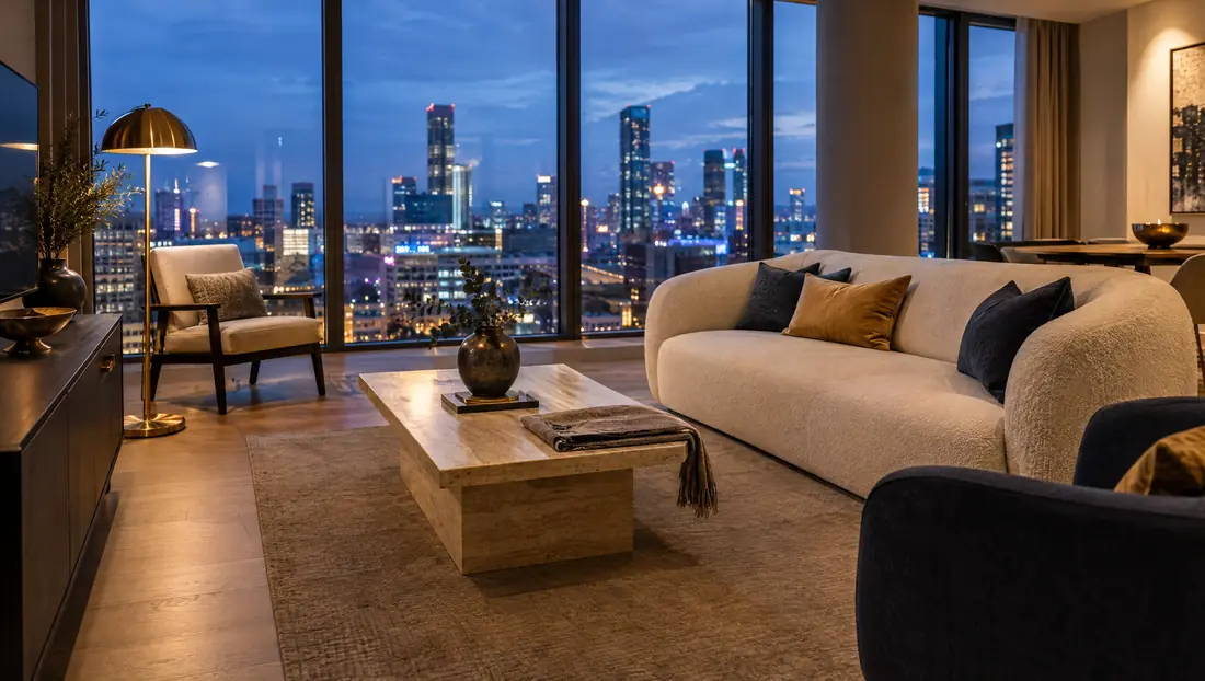 Staged city apartment living room at dusk