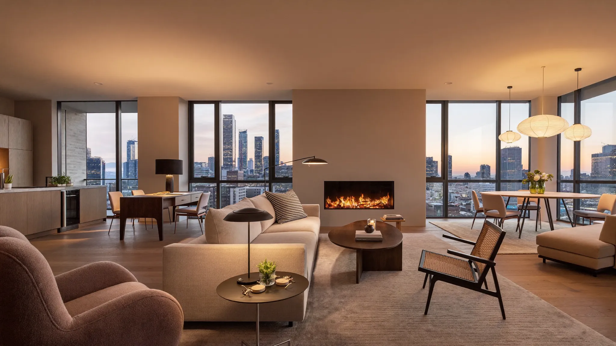 Luxury serviced apartment living room with Manchester skyline view